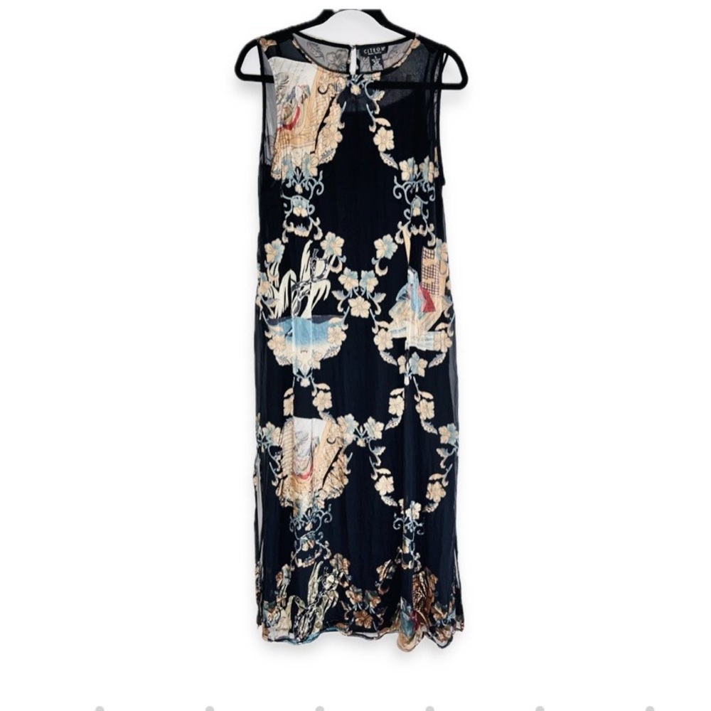 Citron Santa Monica Silk Blend Maxi Dress Japanese Print Geisha Dragon Floral L